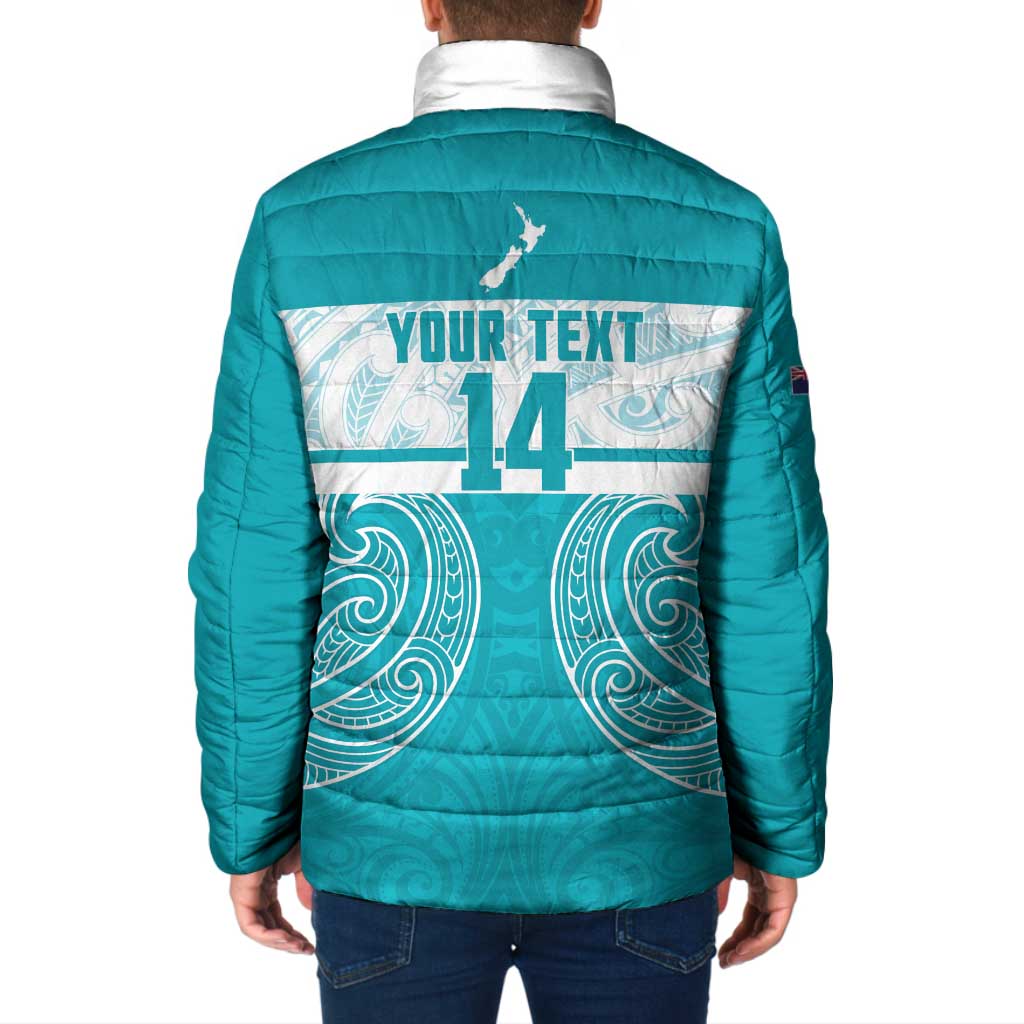 New Zealand Silver Fern Cricket Custom Padded Jacket Black Cap Teal Maori Pattern - Aussie Hoodie