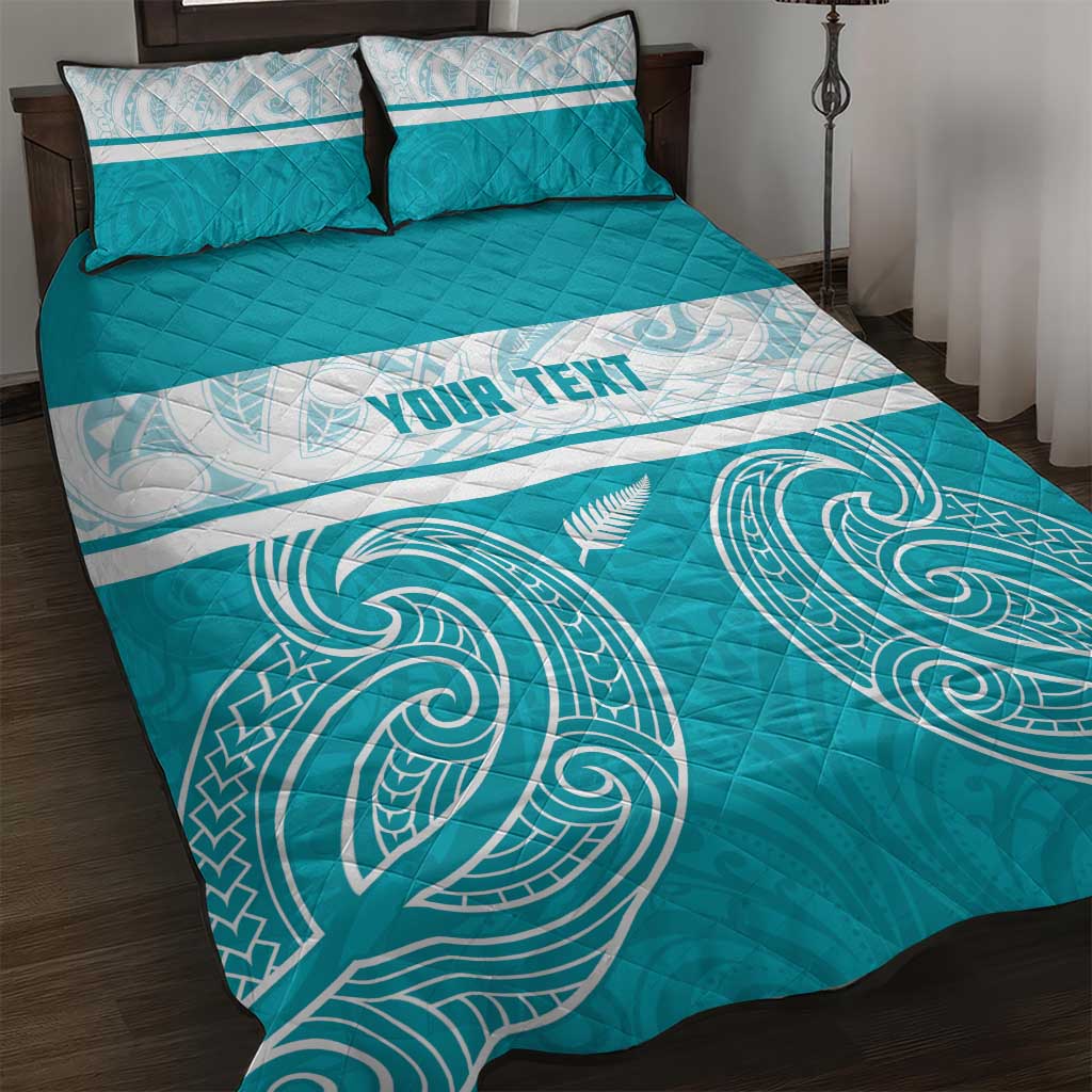 New Zealand Silver Fern Cricket Custom Quilt Bed Set Black Cap Teal Maori Pattern - Aussie Hoodie