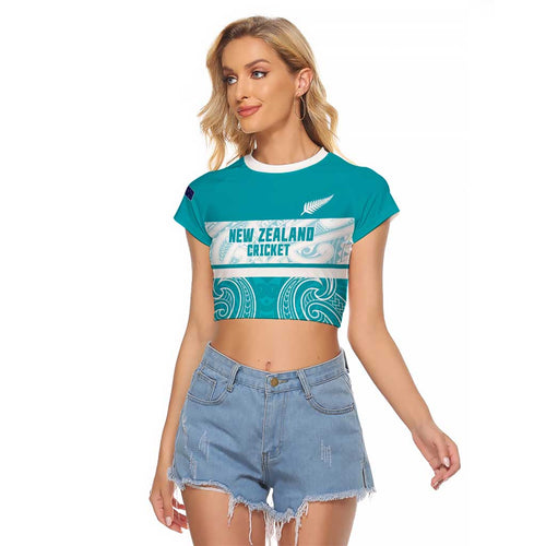 New Zealand Silver Fern Cricket Custom Raglan Cropped T Shirt Black Cap Teal Maori Pattern - Aussie Hoodie