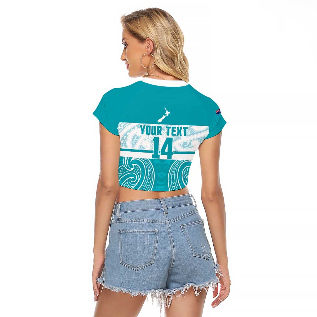 New Zealand Silver Fern Cricket Custom Raglan Cropped T Shirt Black Cap Teal Maori Pattern - Aussie Hoodie