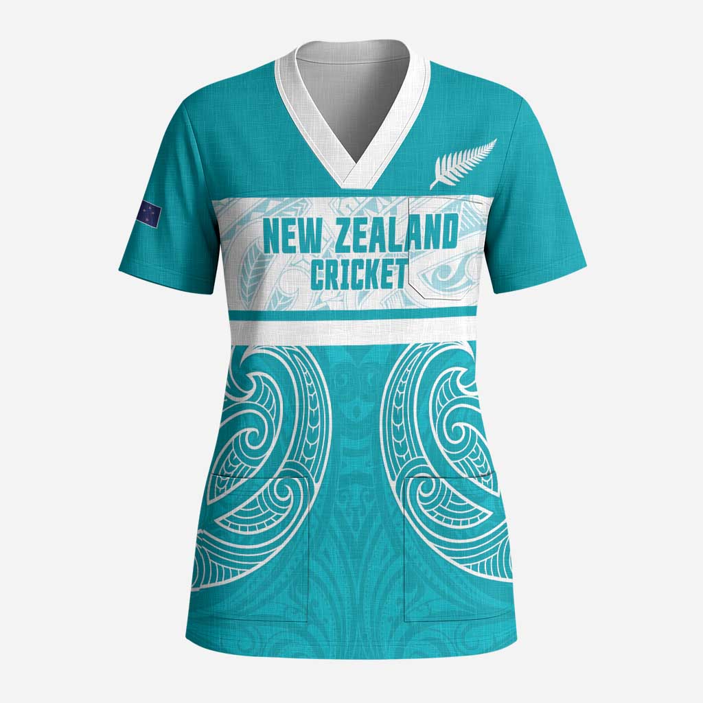 New Zealand Silver Fern Cricket Custom Scrub Top Black Cap Teal Maori Pattern - Aussie Hoodie