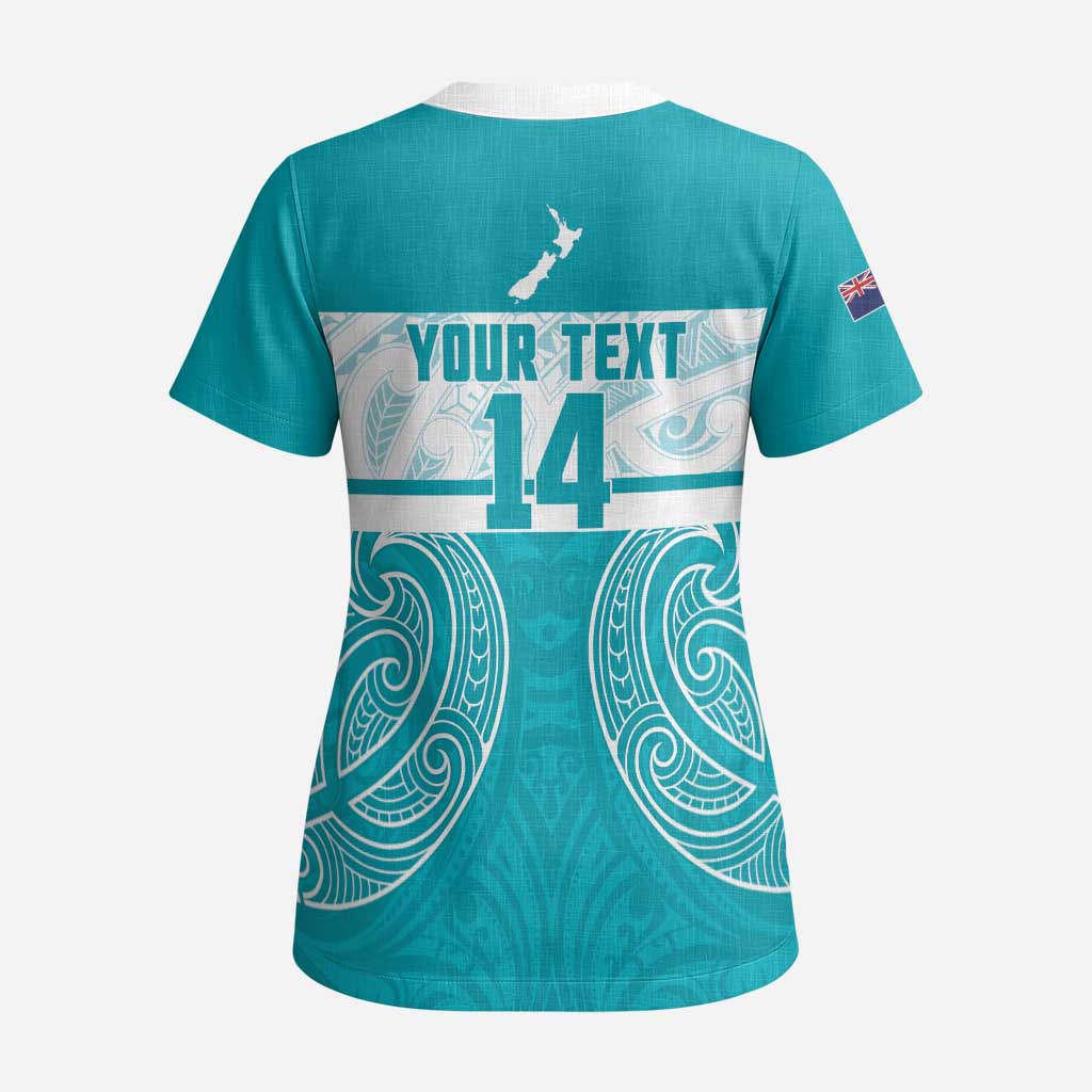 New Zealand Silver Fern Cricket Custom Scrub Top Black Cap Teal Maori Pattern - Aussie Hoodie