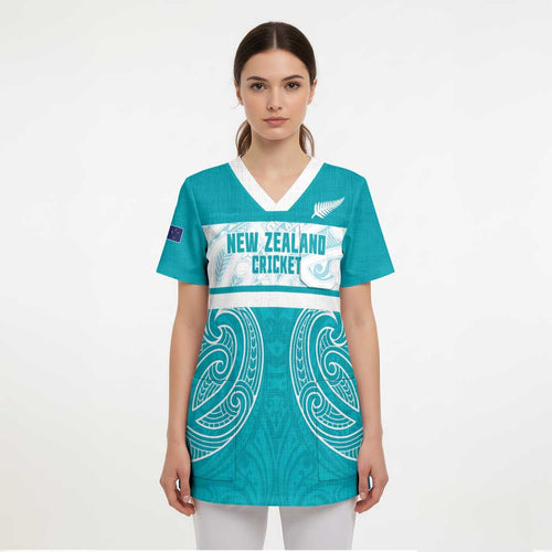 New Zealand Silver Fern Cricket Custom Scrub Top Black Cap Teal Maori Pattern - Aussie Hoodie