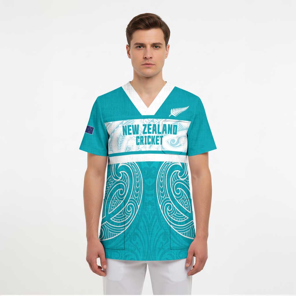 New Zealand Silver Fern Cricket Custom Scrub Top Black Cap Teal Maori Pattern - Aussie Hoodie