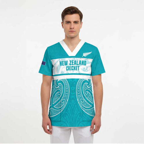 New Zealand Silver Fern Cricket Custom Scrub Top Black Cap Teal Maori Pattern - Aussie Hoodie