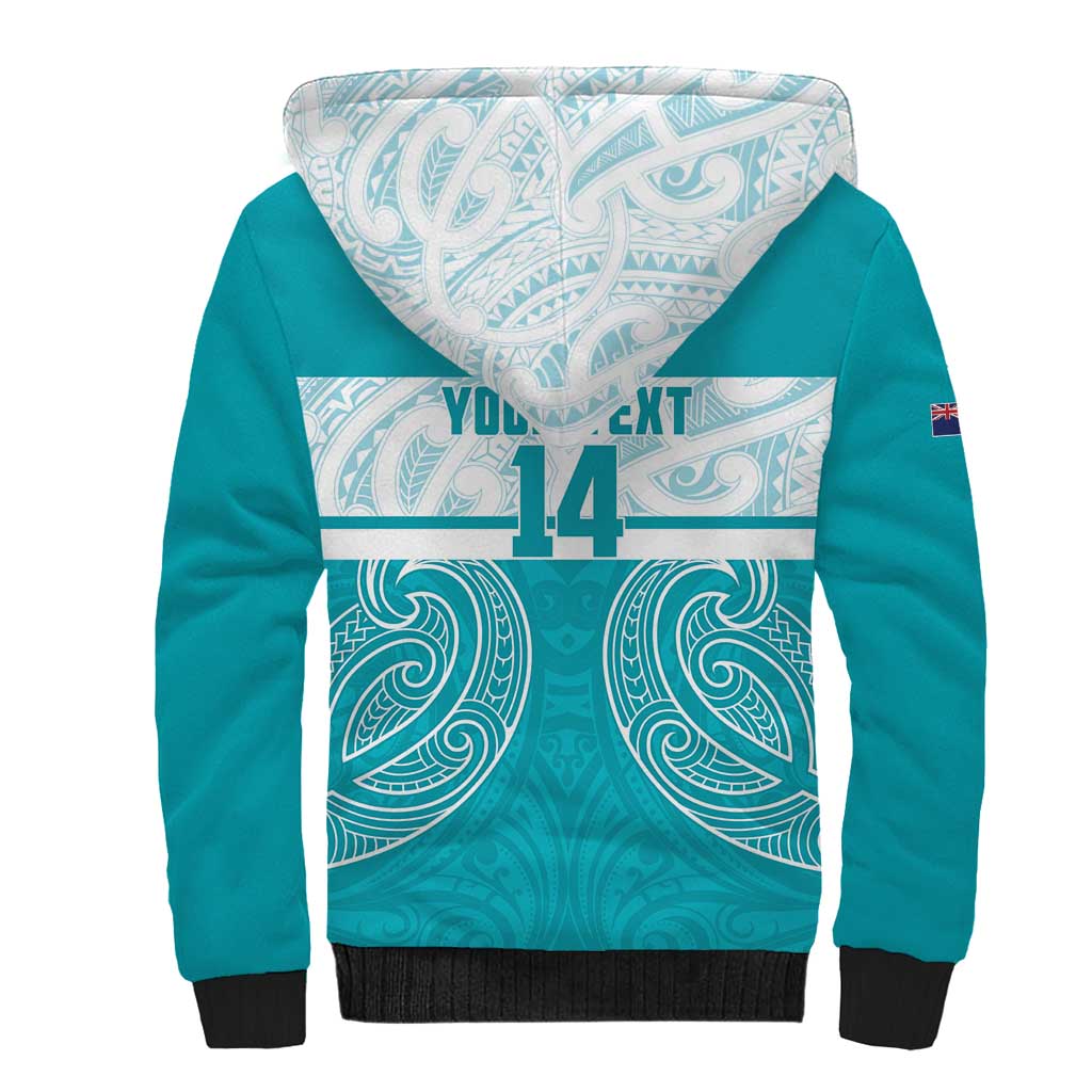 New Zealand Silver Fern Cricket Custom Sherpa Hoodie Black Cap Teal Maori Pattern - Aussie Hoodie