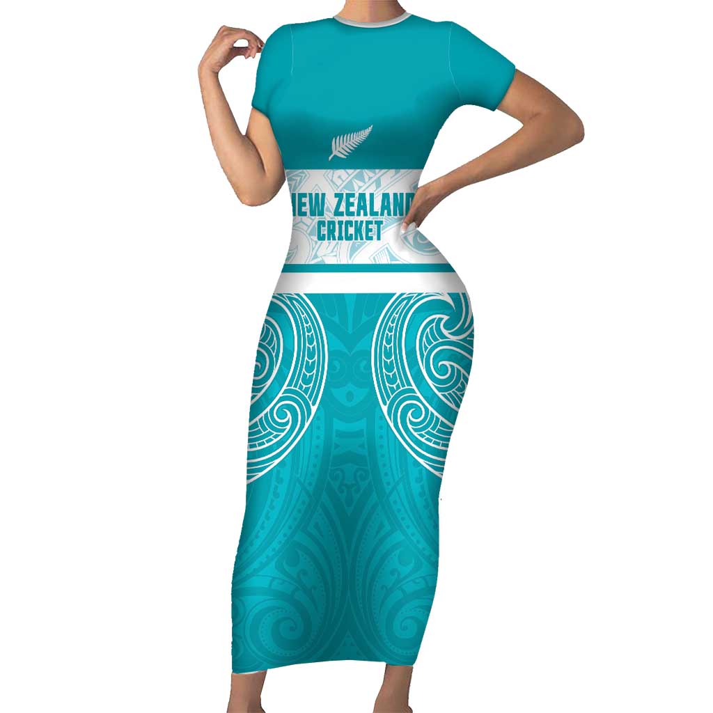 New Zealand Silver Fern Cricket Custom Short Sleeve Bodycon Dress Black Cap Teal Maori Pattern - Aussie Hoodie