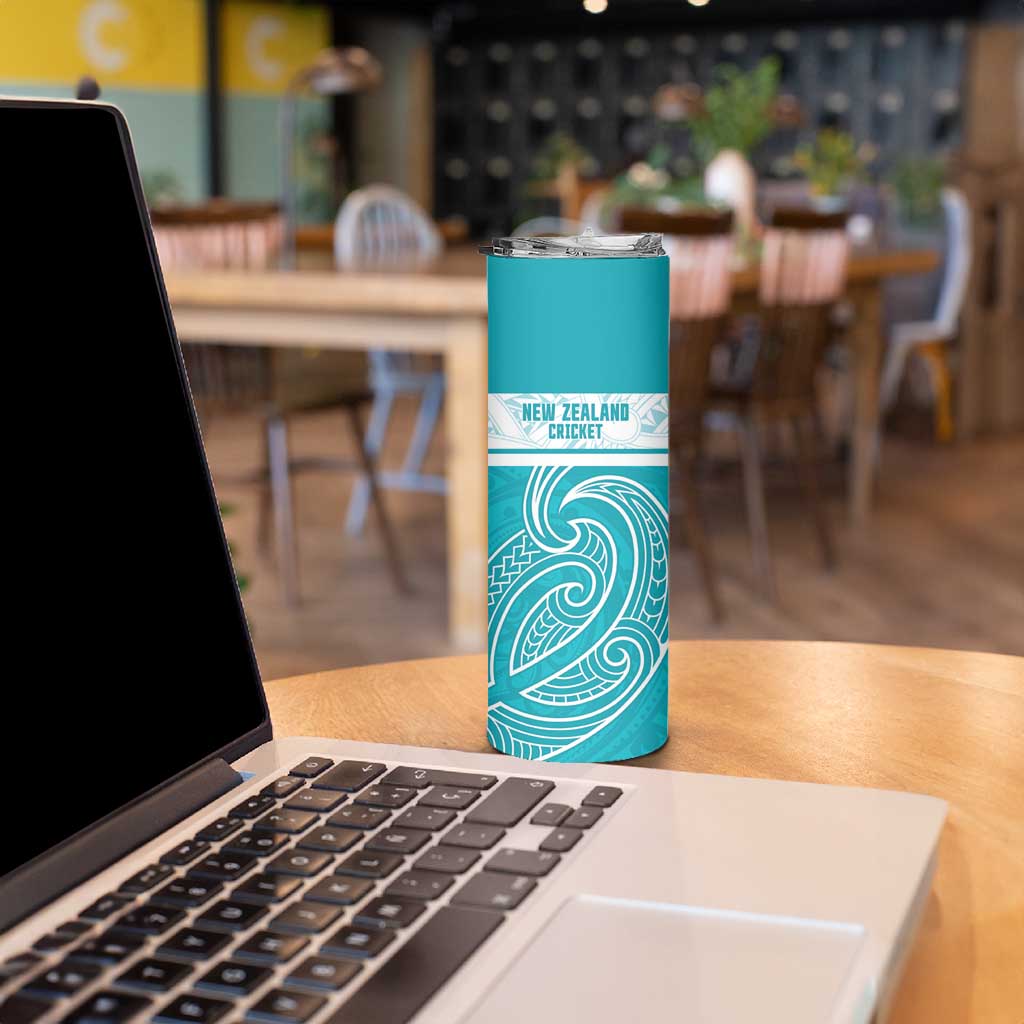 New Zealand Silver Fern Cricket Custom Skinny Tumbler Black Cap Teal Maori Pattern - Aussie Hoodie
