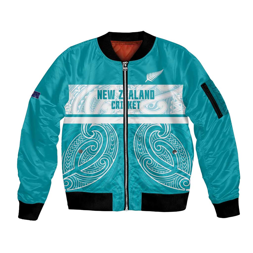 New Zealand Silver Fern Cricket Custom Sleeve Zip Bomber Jacket Black Cap Teal Maori Pattern - Aussie Hoodie