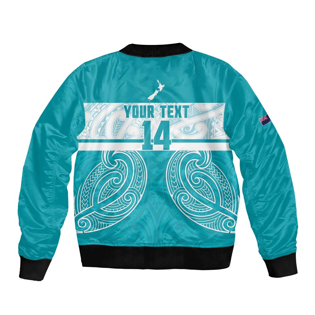 New Zealand Silver Fern Cricket Custom Sleeve Zip Bomber Jacket Black Cap Teal Maori Pattern - Aussie Hoodie