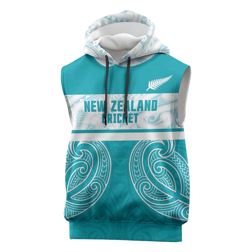 New Zealand Silver Fern Cricket Custom Sleeveless Hoodie Black Cap Teal Maori Pattern - Aussie Hoodie