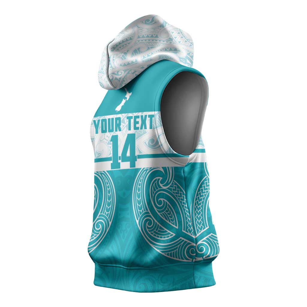 New Zealand Silver Fern Cricket Custom Sleeveless Hoodie Black Cap Teal Maori Pattern - Aussie Hoodie