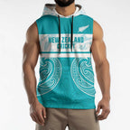 New Zealand Silver Fern Cricket Custom Sleeveless Hoodie Black Cap Teal Maori Pattern - Aussie Hoodie