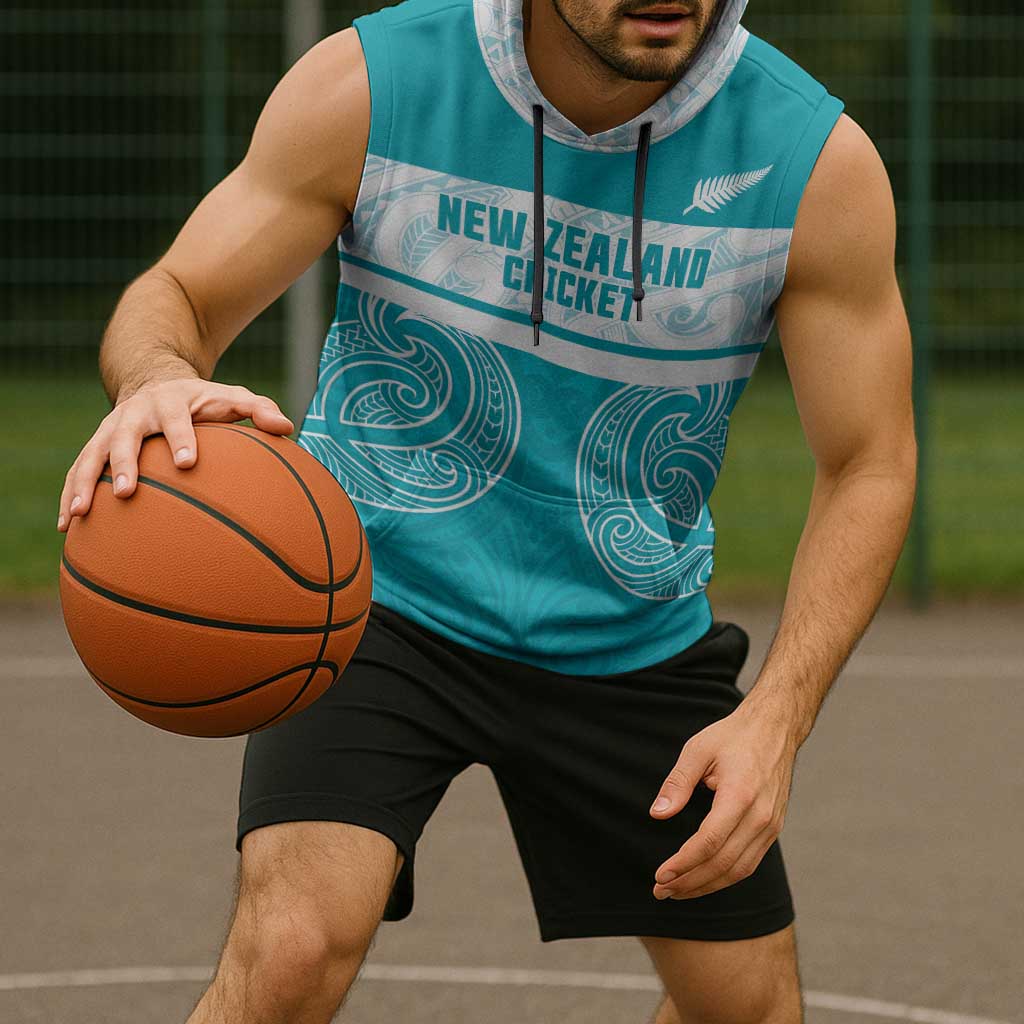 New Zealand Silver Fern Cricket Custom Sleeveless Hoodie Black Cap Teal Maori Pattern - Aussie Hoodie