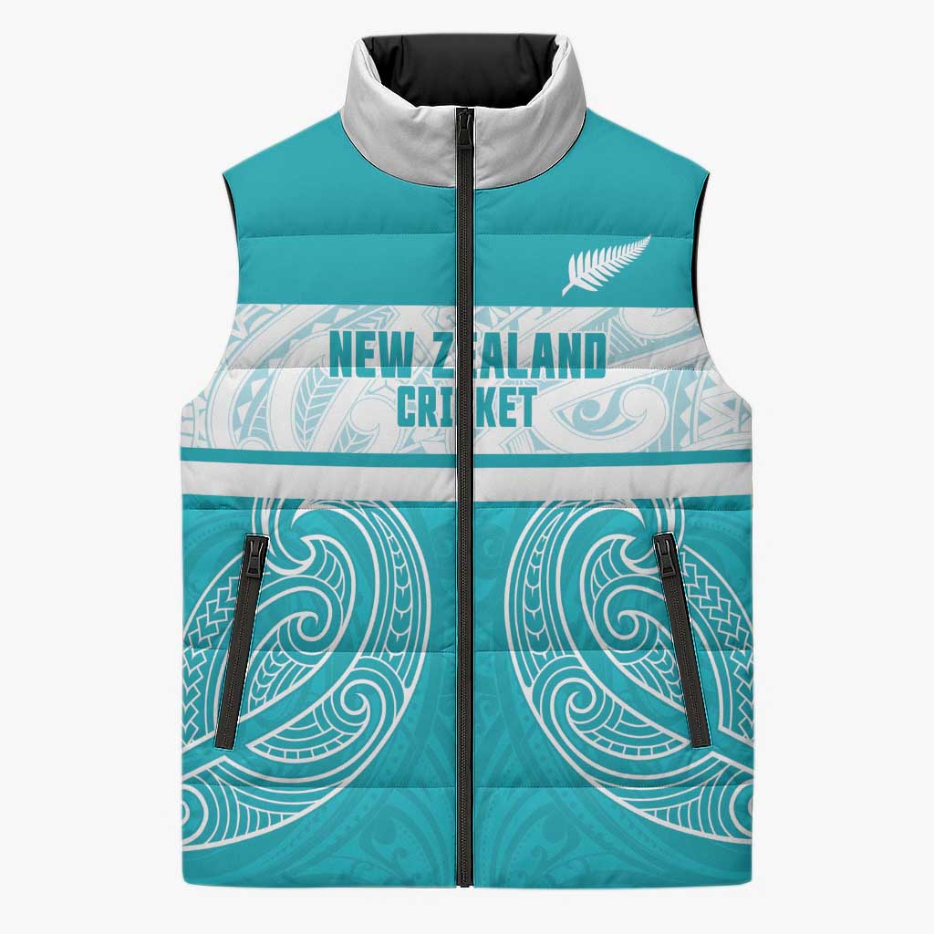 New Zealand Silver Fern Cricket Custom Sleeveless Puffer Jacket Black Cap Teal Maori Pattern - Aussie Hoodie