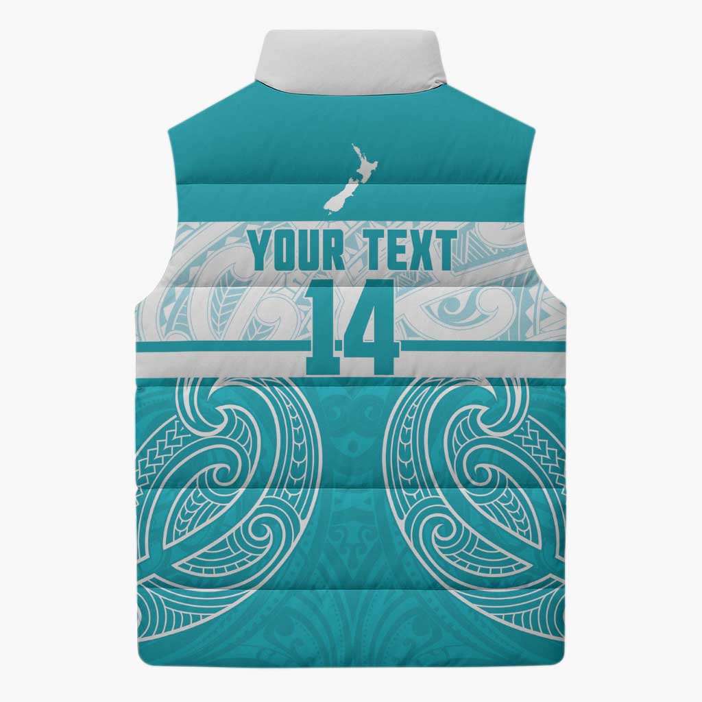 New Zealand Silver Fern Cricket Custom Sleeveless Puffer Jacket Black Cap Teal Maori Pattern - Aussie Hoodie