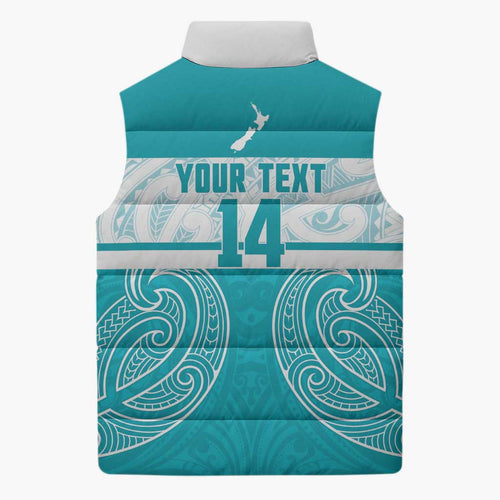 New Zealand Silver Fern Cricket Custom Sleeveless Puffer Jacket Black Cap Teal Maori Pattern - Aussie Hoodie
