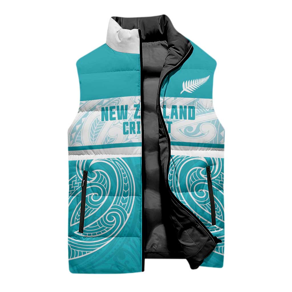 New Zealand Silver Fern Cricket Custom Sleeveless Puffer Jacket Black Cap Teal Maori Pattern - Aussie Hoodie