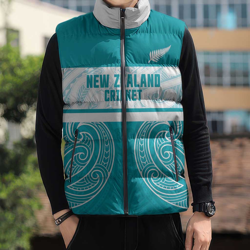 New Zealand Silver Fern Cricket Custom Sleeveless Puffer Jacket Black Cap Teal Maori Pattern - Aussie Hoodie