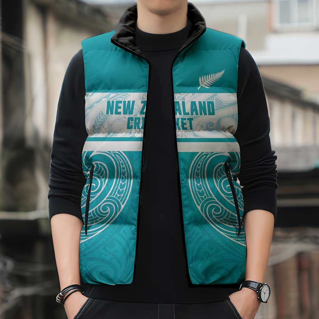 New Zealand Silver Fern Cricket Custom Sleeveless Puffer Jacket Black Cap Teal Maori Pattern - Aussie Hoodie