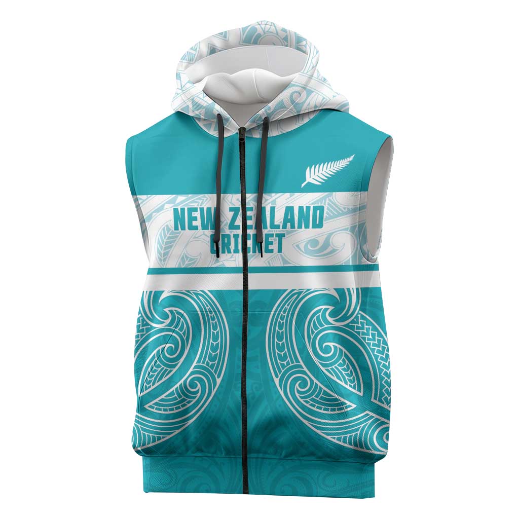 New Zealand Silver Fern Cricket Custom Sleeveless Zip Hoodie Black Cap Teal Maori Pattern LT14