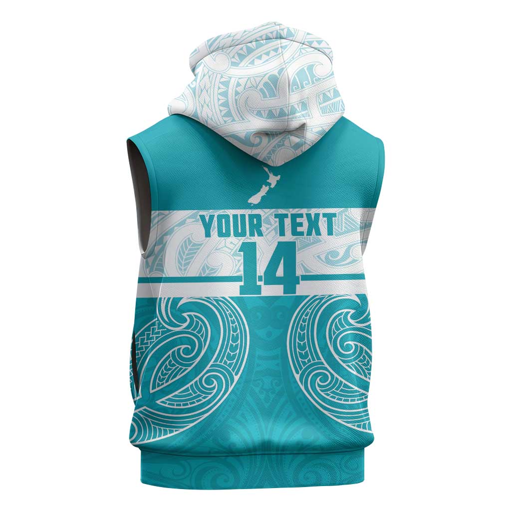 New Zealand Silver Fern Cricket Custom Sleeveless Zip Hoodie Black Cap Teal Maori Pattern LT14