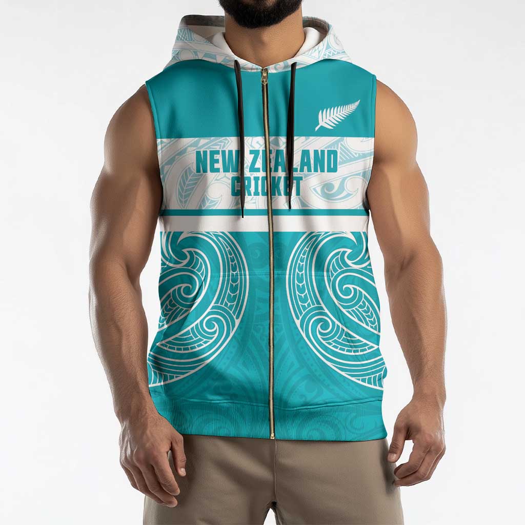 New Zealand Silver Fern Cricket Custom Sleeveless Zip Hoodie Black Cap Teal Maori Pattern - Aussie Hoodie
