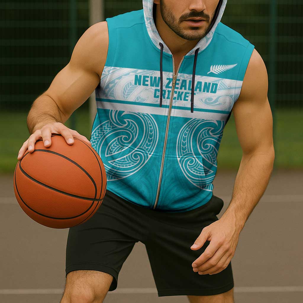 New Zealand Silver Fern Cricket Custom Sleeveless Zip Hoodie Black Cap Teal Maori Pattern - Aussie Hoodie