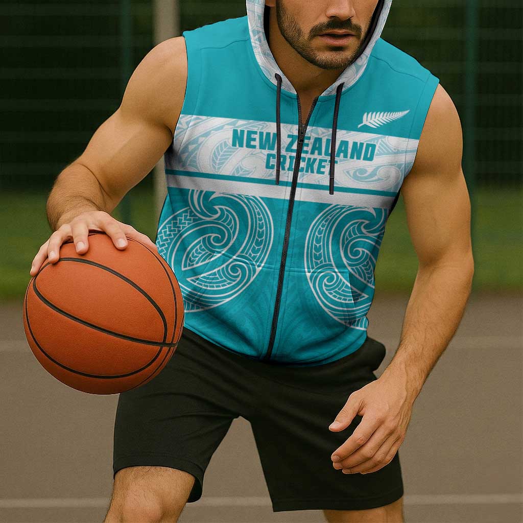 New Zealand Silver Fern Cricket Custom Sleeveless Zip Hoodie Black Cap Teal Maori Pattern LT14