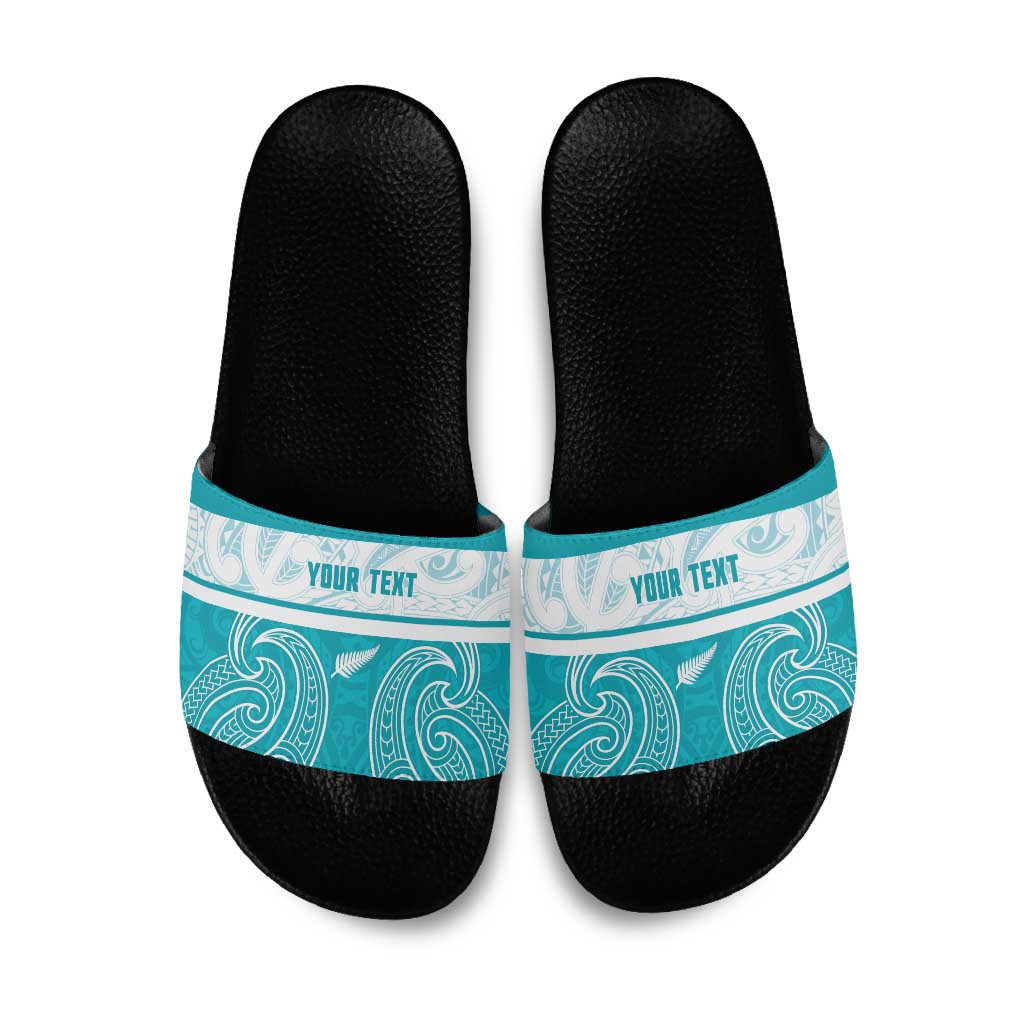 New Zealand Silver Fern Cricket Custom Slide Sandals Black Cap Teal Maori Pattern - Aussie Hoodie