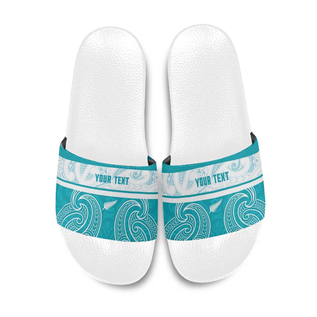 New Zealand Silver Fern Cricket Custom Slide Sandals Black Cap Teal Maori Pattern - Aussie Hoodie