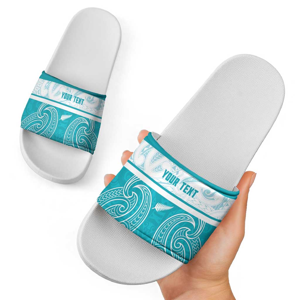 New Zealand Silver Fern Cricket Custom Slide Sandals Black Cap Teal Maori Pattern - Aussie Hoodie