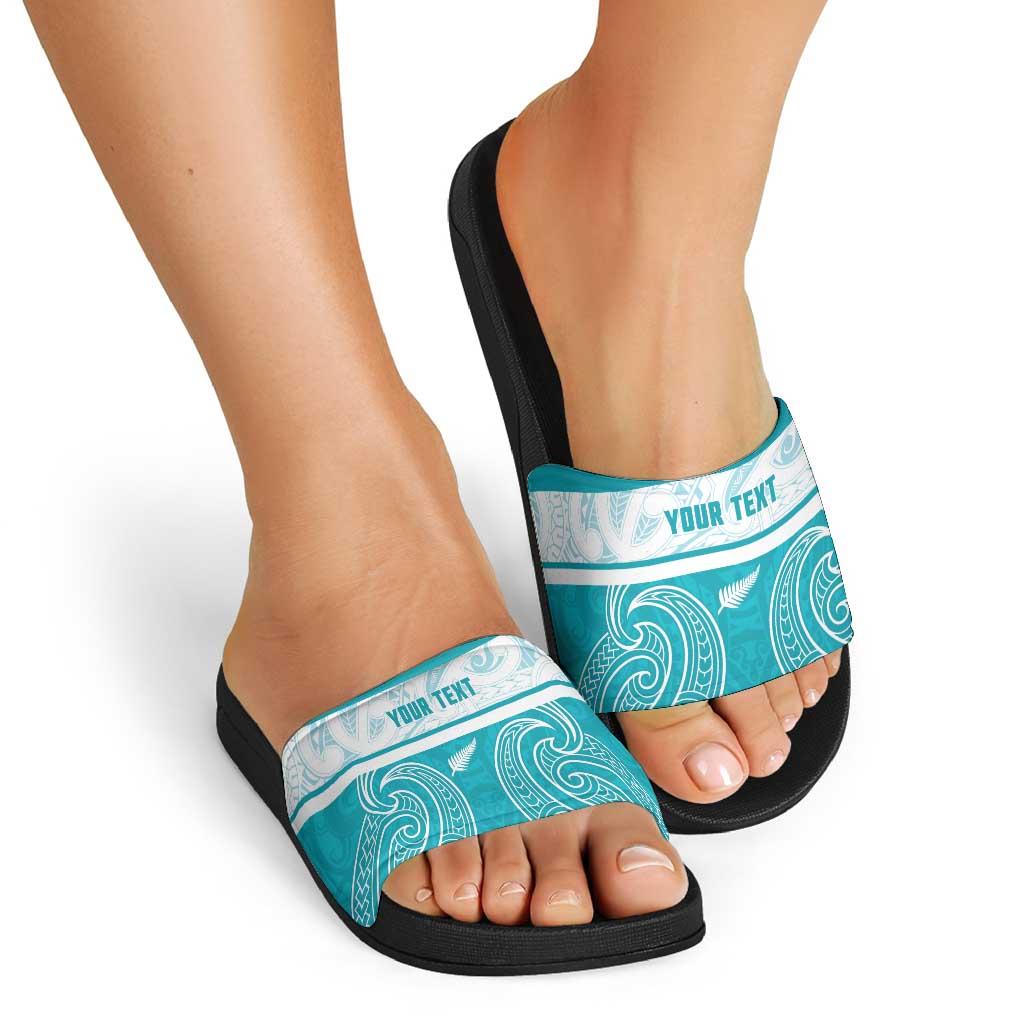 New Zealand Silver Fern Cricket Custom Slide Sandals Black Cap Teal Maori Pattern - Aussie Hoodie