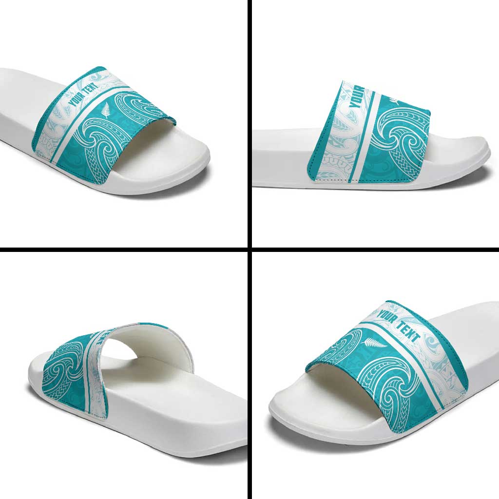 New Zealand Silver Fern Cricket Custom Slide Sandals Black Cap Teal Maori Pattern - Aussie Hoodie