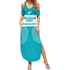 New Zealand Silver Fern Cricket Custom Summer Maxi Dress Black Cap Teal Maori Pattern - Aussie Hoodie
