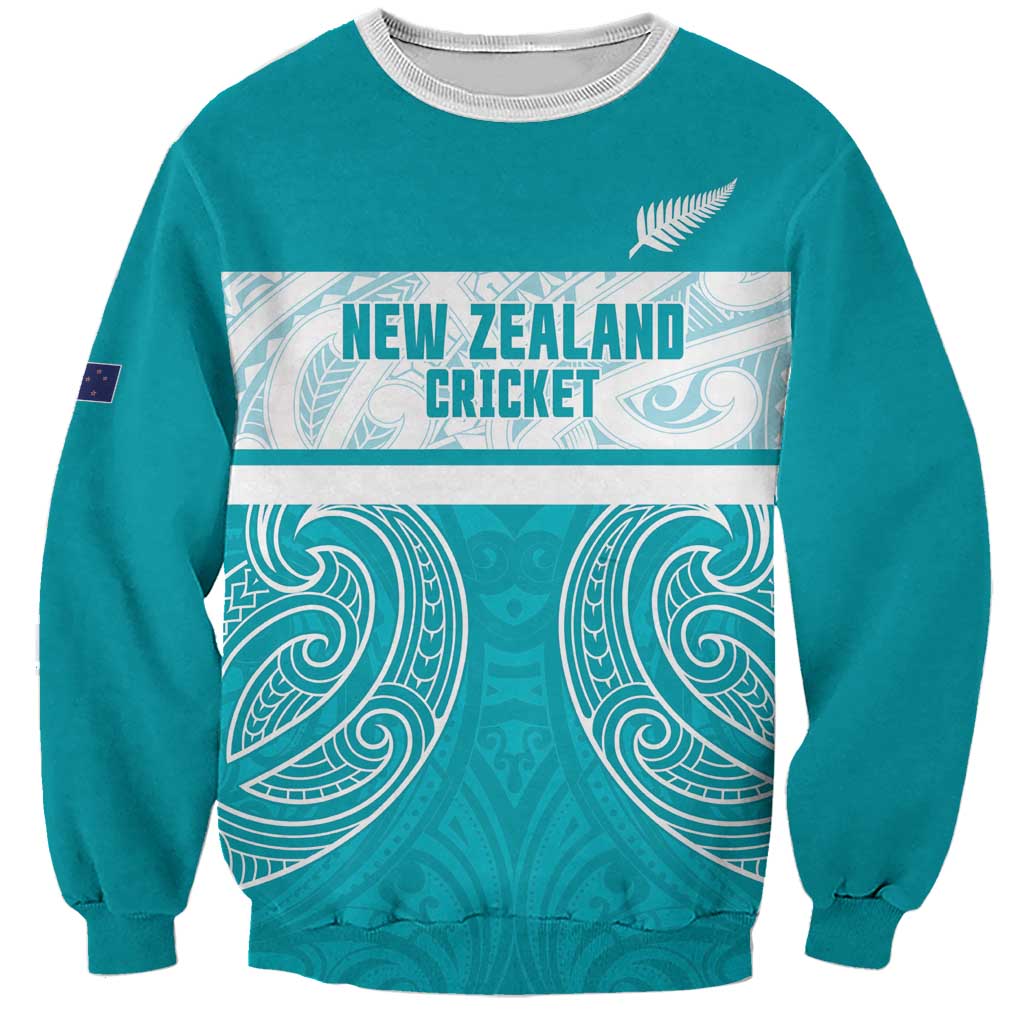 New Zealand Silver Fern Cricket Custom Sweatshirt Black Cap Teal Maori Pattern - Aussie Hoodie