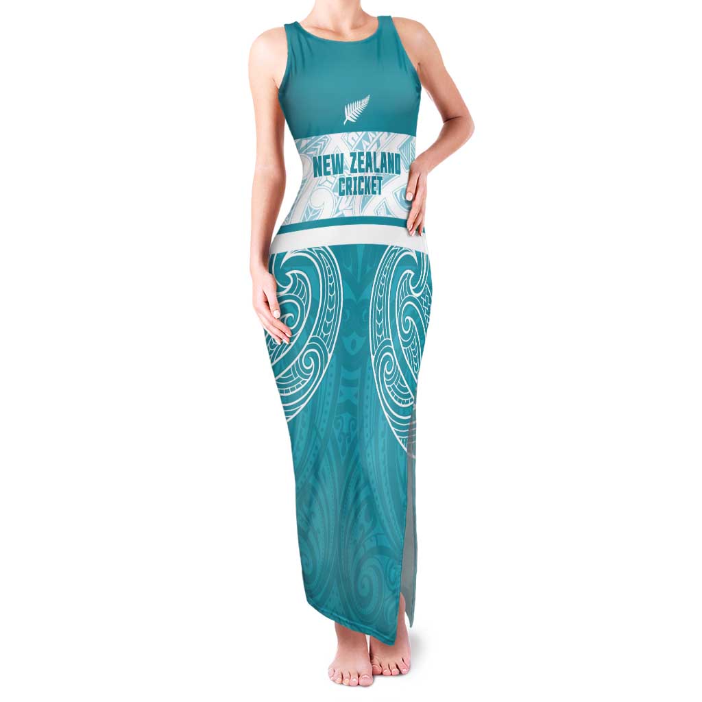 New Zealand Silver Fern Cricket Custom Tank Maxi Dress Black Cap Teal Maori Pattern - Aussie Hoodie