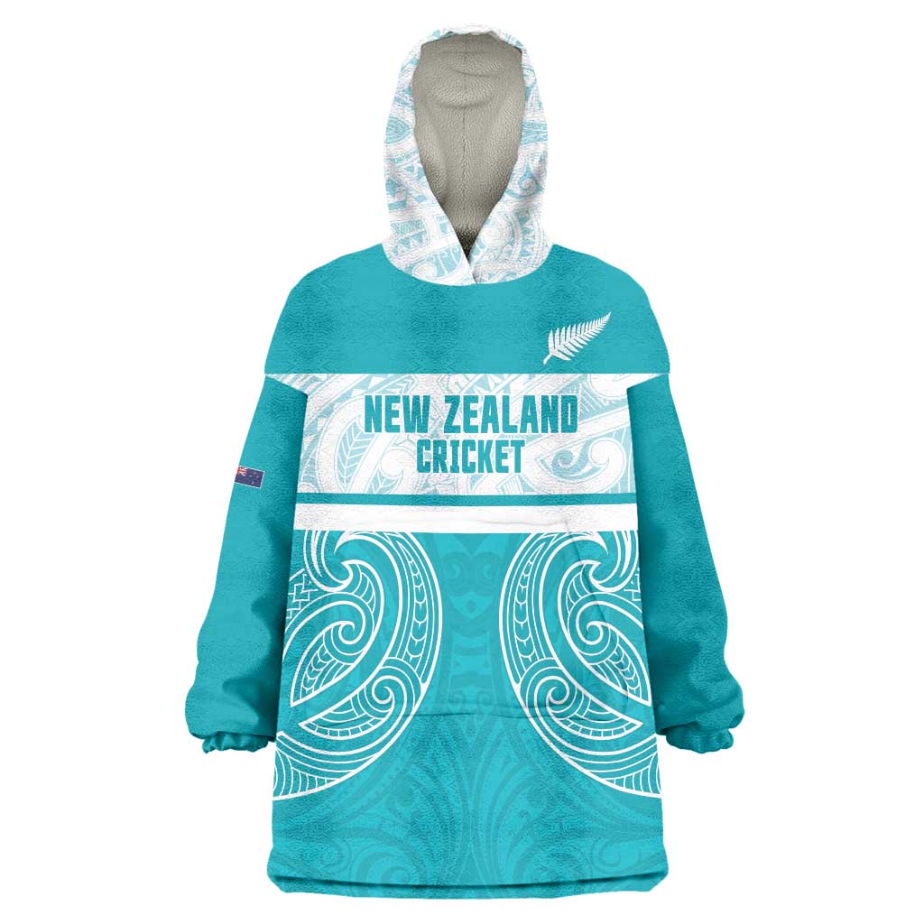 New Zealand Silver Fern Cricket Custom Wearable Blanket Hoodie Black Cap Teal Maori Pattern - Aussie Hoodie