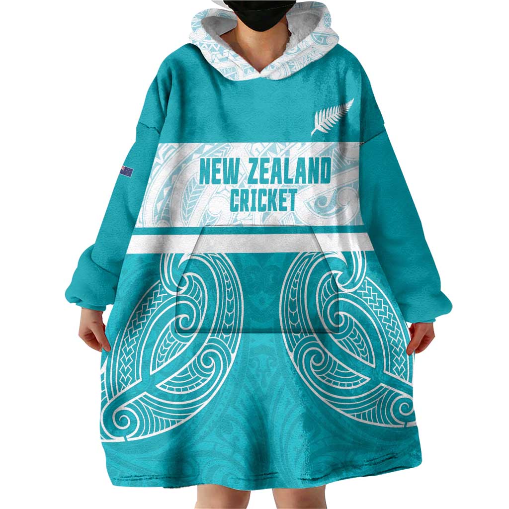 New Zealand Silver Fern Cricket Custom Wearable Blanket Hoodie Black Cap Teal Maori Pattern - Aussie Hoodie