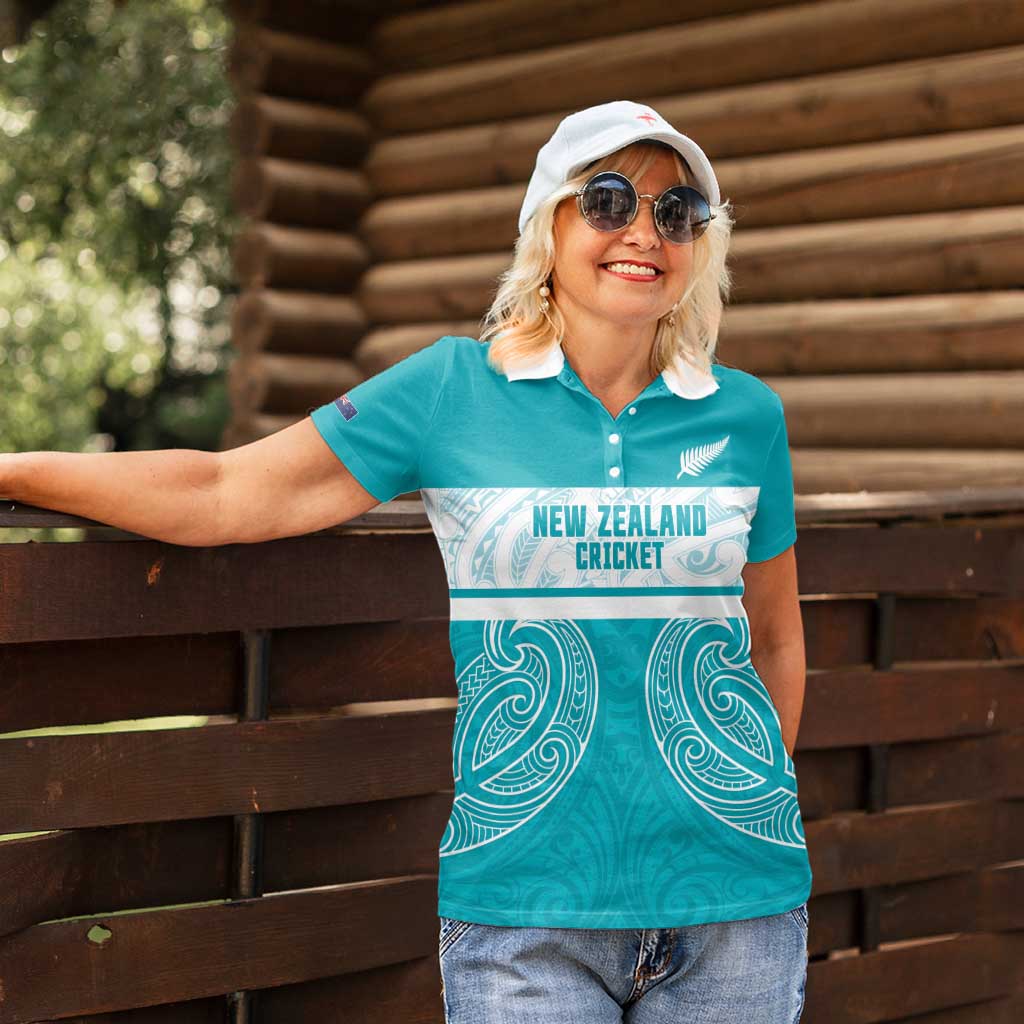 New Zealand Silver Fern Cricket Custom Women Polo Shirt Black Cap Teal Maori Pattern - Aussie Hoodie