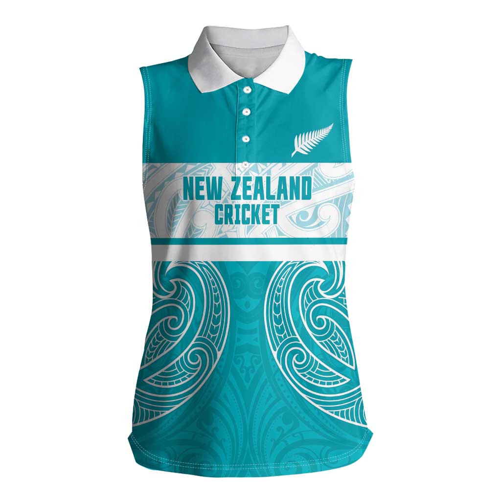 New Zealand Silver Fern Cricket Custom Women Sleeveless Polo Shirt Black Cap Teal Maori Pattern - Aussie Hoodie