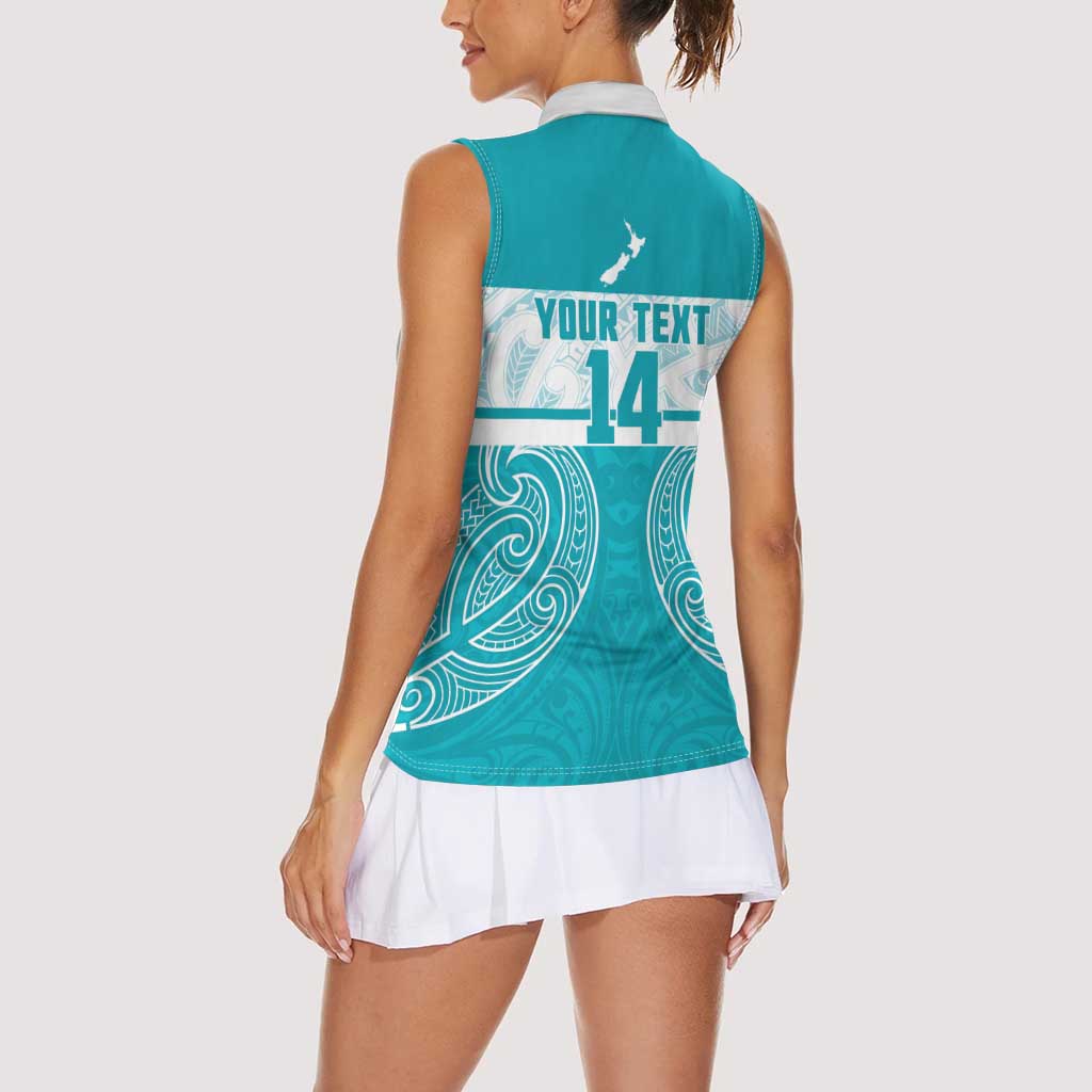 New Zealand Silver Fern Cricket Custom Women Sleeveless Polo Shirt Black Cap Teal Maori Pattern - Aussie Hoodie