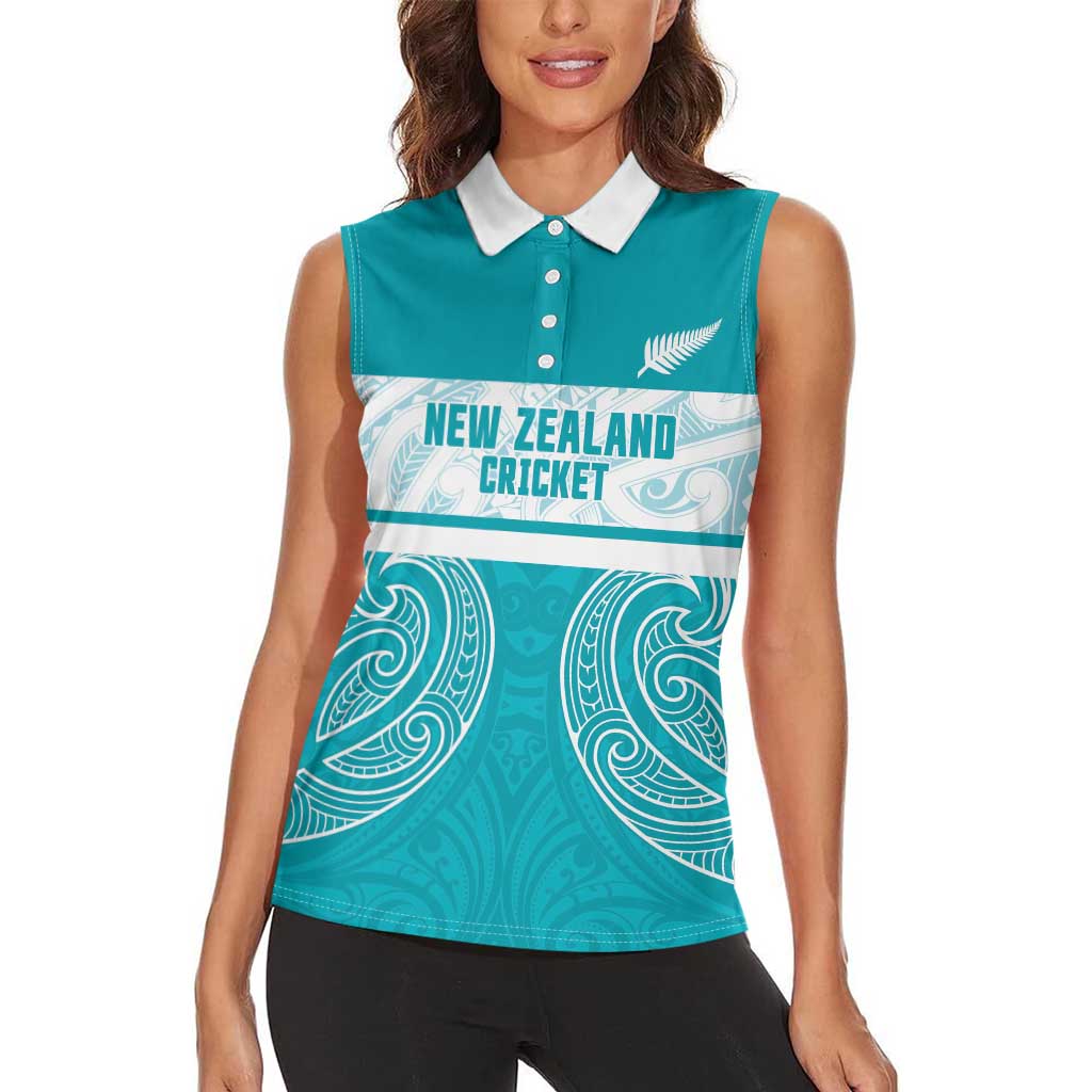 New Zealand Silver Fern Cricket Custom Women Sleeveless Polo Shirt Black Cap Teal Maori Pattern - Aussie Hoodie