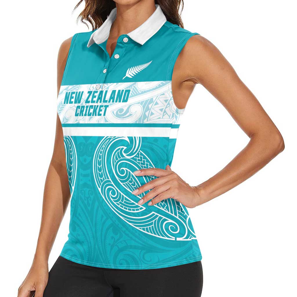 New Zealand Silver Fern Cricket Custom Women Sleeveless Polo Shirt Black Cap Teal Maori Pattern - Aussie Hoodie