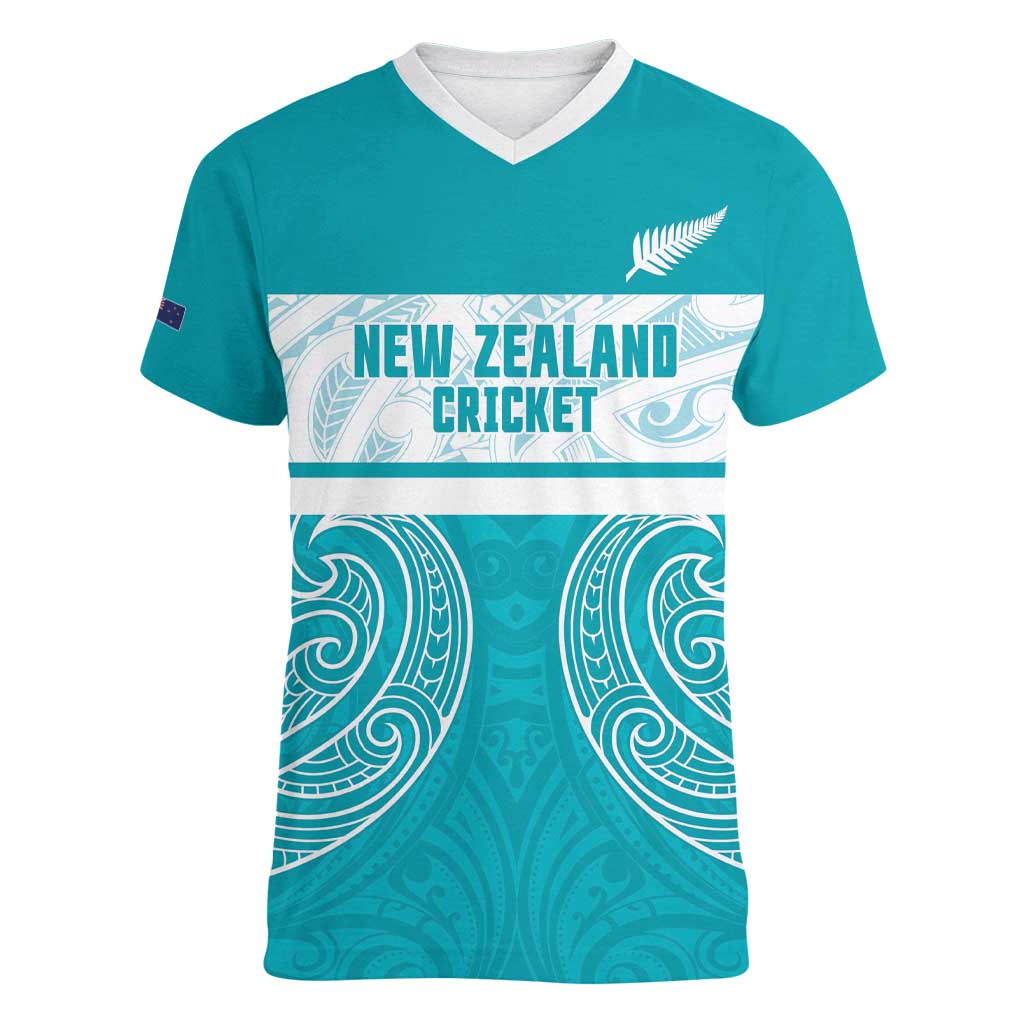 New Zealand Silver Fern Cricket Custom Women V-Neck T-Shirt Black Cap Teal Maori Pattern - Aussie Hoodie