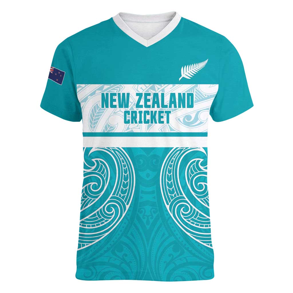 New Zealand Silver Fern Cricket Custom Women V-Neck T-Shirt Black Cap Teal Maori Pattern - Aussie Hoodie