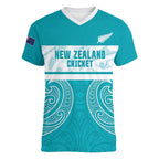 New Zealand Silver Fern Cricket Custom Women V-Neck T-Shirt Black Cap Teal Maori Pattern - Aussie Hoodie