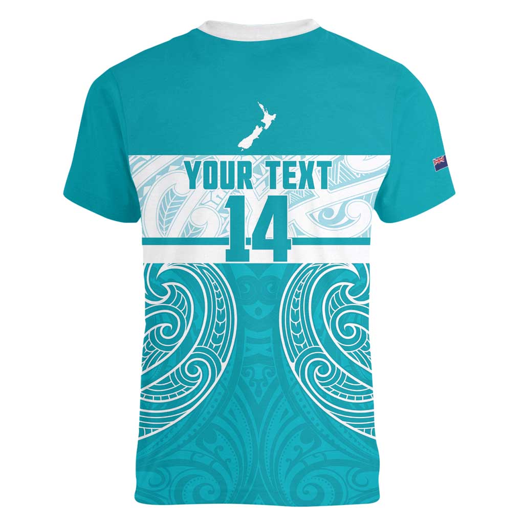 New Zealand Silver Fern Cricket Custom Women V-Neck T-Shirt Black Cap Teal Maori Pattern - Aussie Hoodie