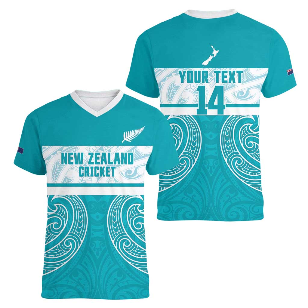 New Zealand Silver Fern Cricket Custom Women V-Neck T-Shirt Black Cap Teal Maori Pattern - Aussie Hoodie