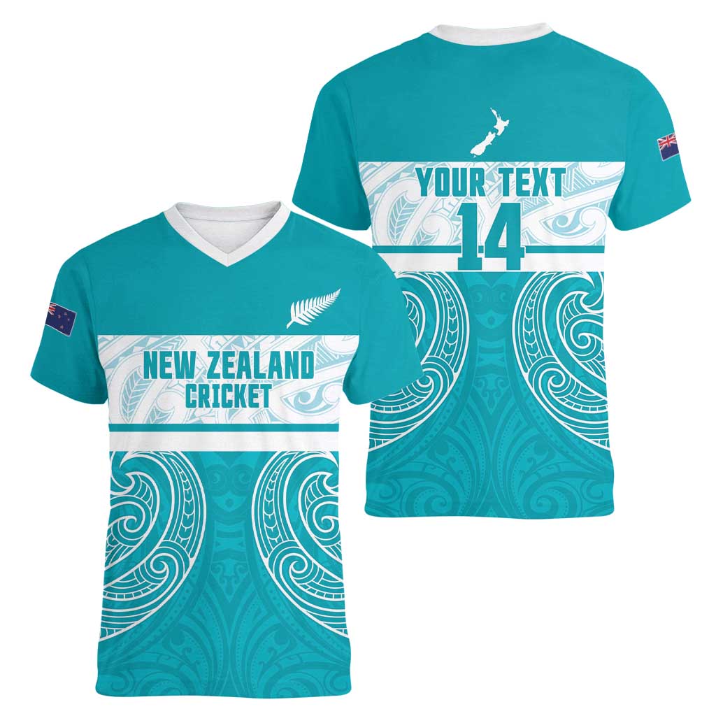 New Zealand Silver Fern Cricket Custom Women V-Neck T-Shirt Black Cap Teal Maori Pattern - Aussie Hoodie